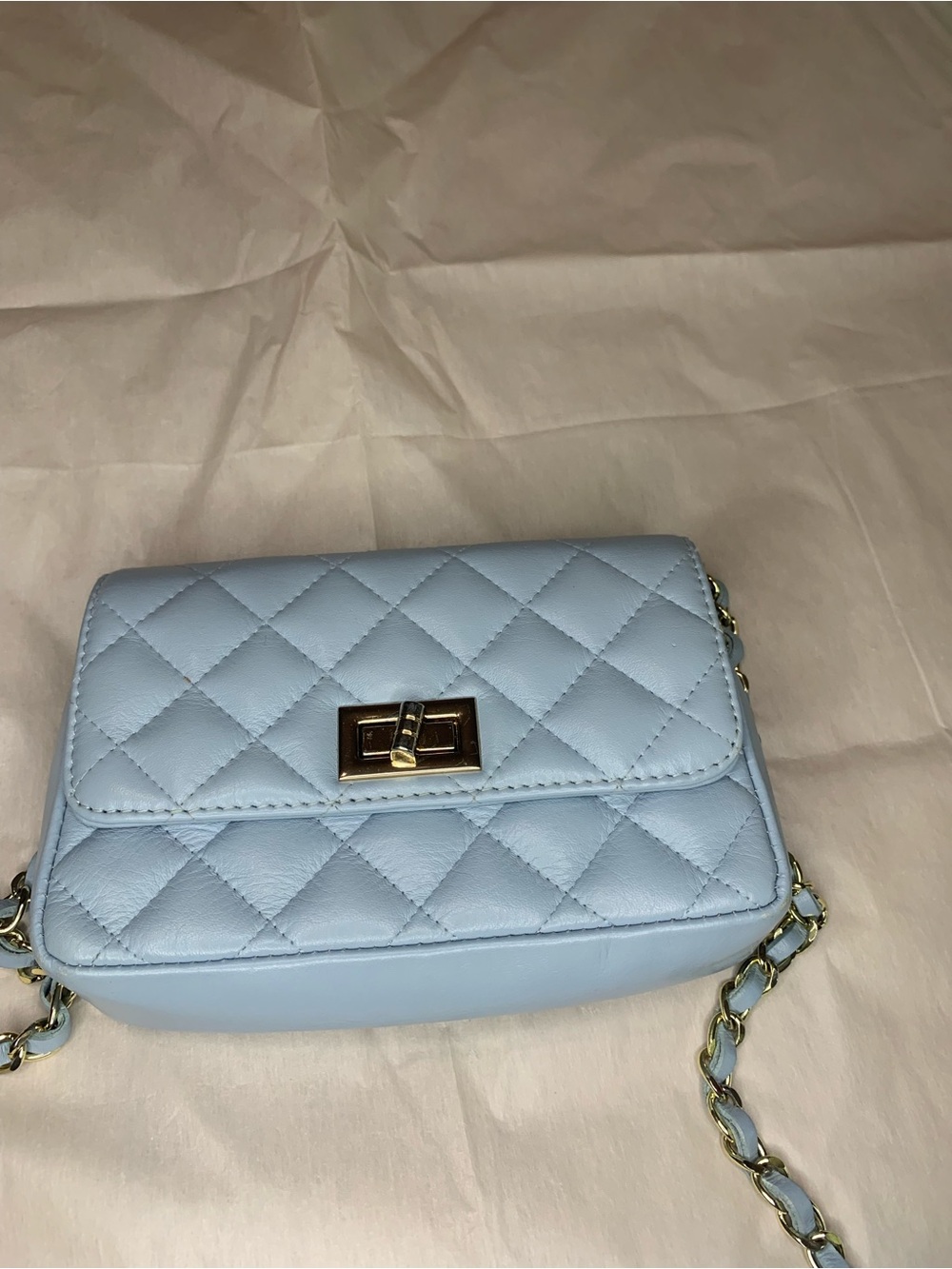 Vera Pelle Quilted Light Blue Crossbody Bag with Gold Hardware